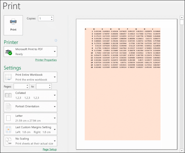 An example of Excel's Print Preview, showing an altered print view to show empty cells to fill a background