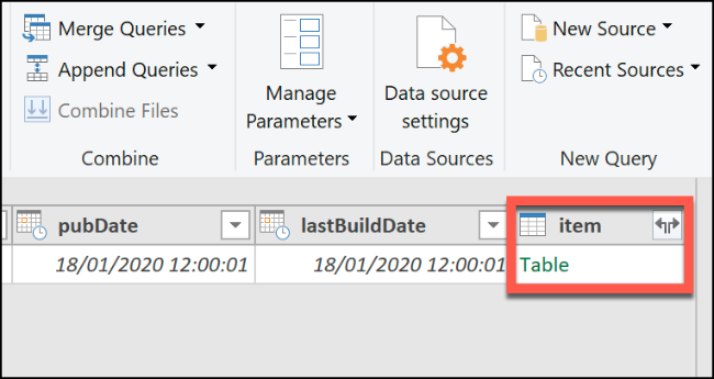 In the Excel Power Query Editor, scroll to the Item column, then double-click the Table item