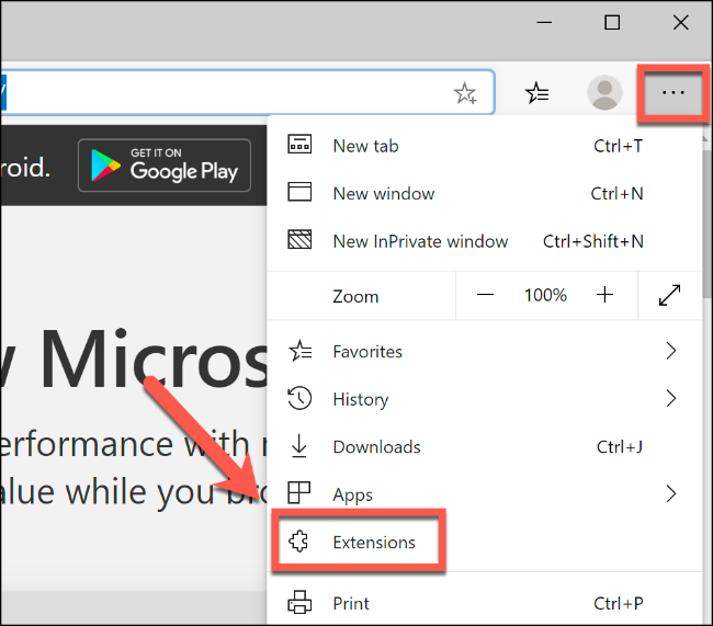 To access the extensions menu in Edge, click the settings menu in the top-left, then click Extensions