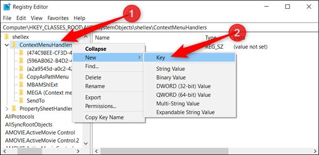 Right-click ContextMenuHandlers and select New > Key from the choices listed.