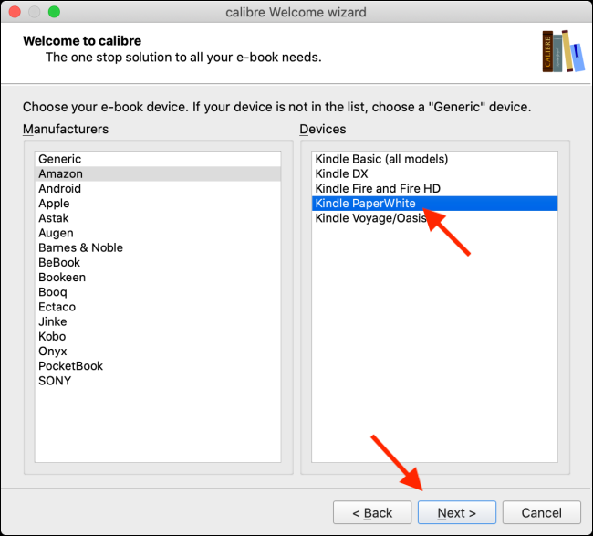Select your Kindle device and click on Next