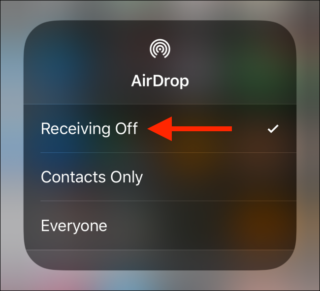 Tap on Receiving Off in AirDrop menu in Control Center