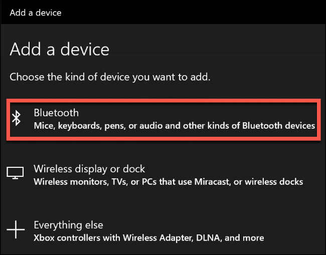 Click Bluetooth in the Windows Add a Device menu to begin adding a new Bluetooth device