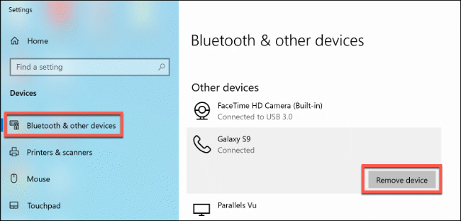 In Bluetooth settings on Windows 10, click on a device and click Remove this Device to remove it
