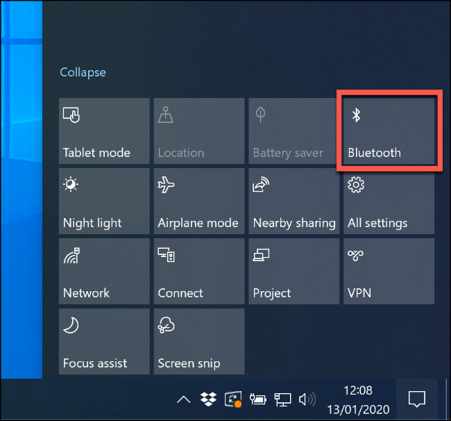To enable Bluetooth on Windows 10, click the notifications icon, then click the Bluetooth tile