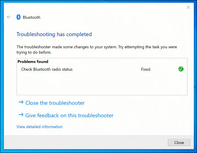 The Windows Troubleshooter tool, with identified Bluetooth issues detected and fixed