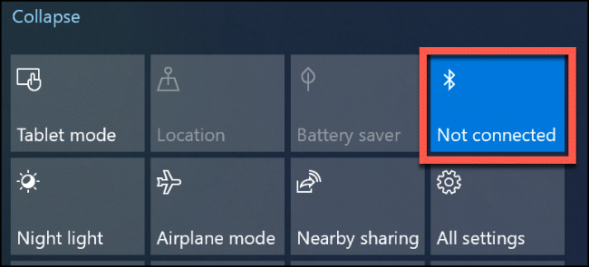 In the Windows 10 notifications area, click the Bluetooth tile multiple times to turn it off and on again
