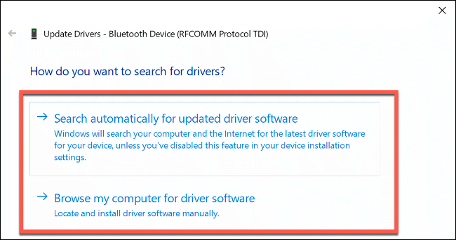 Driver update options in Windows 10, allowing you update automatically or manually select a driver