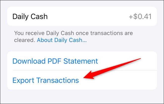 Apple iPhone Select Export Transactions in the Wallet App