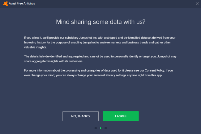 Jumpshot's data sharing request in Avast Free Antivirus.