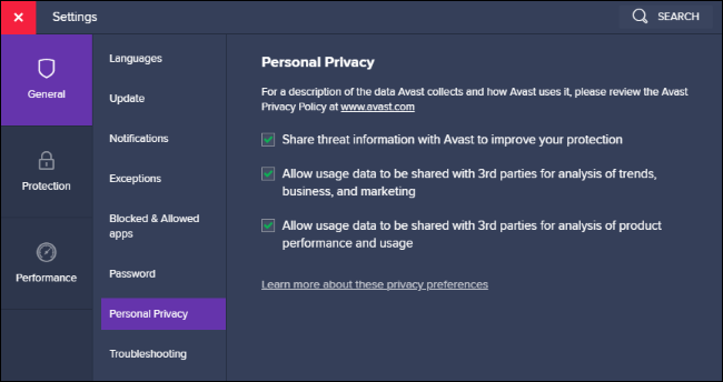 Personal privacy data sharing options in Avast.