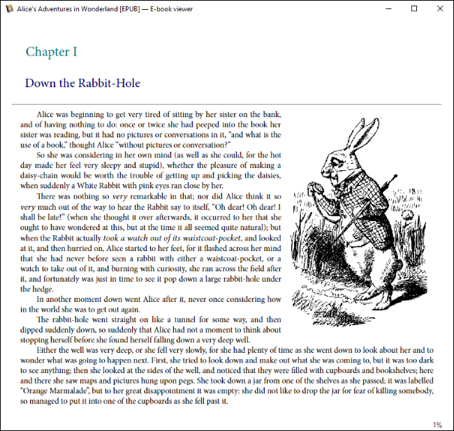 Calibre showing an EPUB copy of Alice in Wonderland on Windows 10.