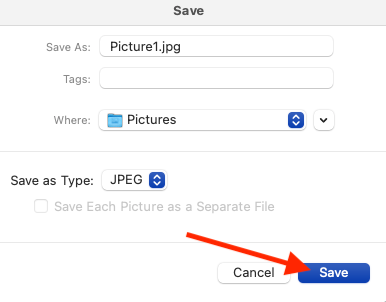 Change the file's name, choose where to save it, change Save as Type to JPEG, and click "Save"