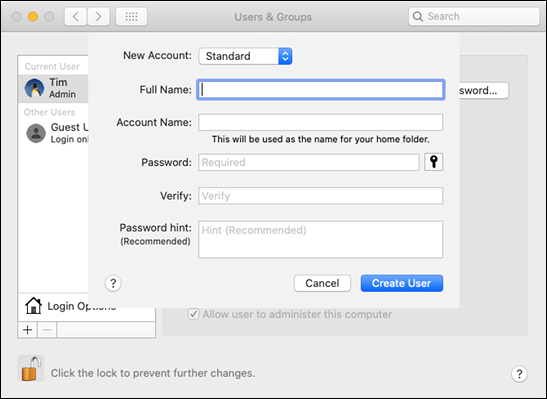 The &quot;Users &amp; Groups&quot; form in &quot;System Preferences&quot; on a Mac.