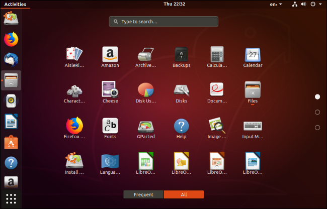 A list of the default installed apps on an Ubuntu desktop.