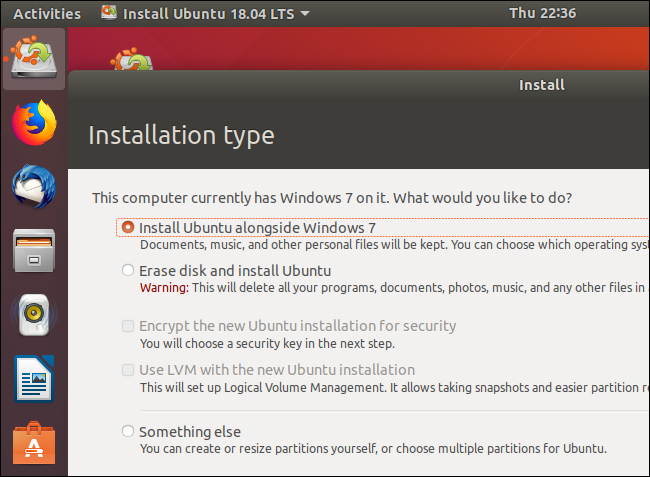 Choosing to install Ubuntu alongside Windows 7 instead of erasing the disk.