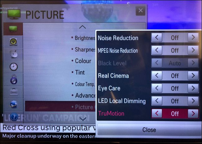 The &quot;TruMotion&quot; setting turned off in the &quot;Picture&quot; menu on an LG TV.