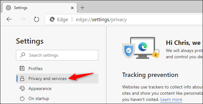 Selecting Privacy and services settings in the Chromium-based Edge browser.