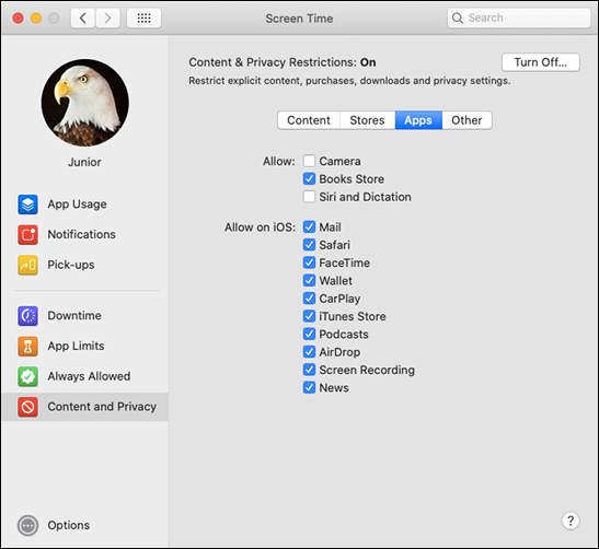 The &quot;Apps&quot; menu under &quot;Content and Privacy.&quot;