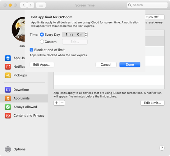 The &quot;Edit App Limit&quot; menu on a Mac.