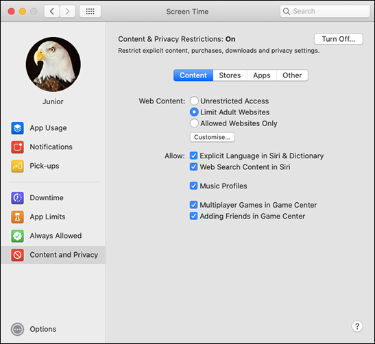 The &quot;Content&quot; menu under &quot;Content and Privacy&quot; on a Mac.