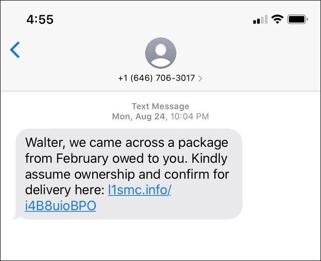 Text message package scam with recipient name