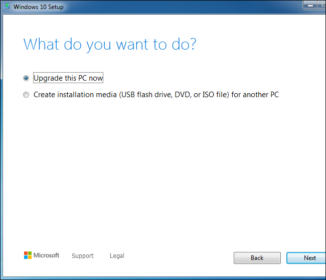 Using the Windows 10 setup tool to upgrade a Windows 7 system.