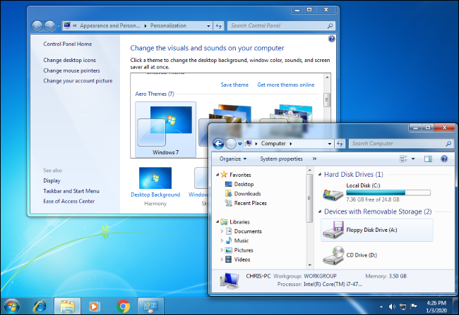 A Windows 7 desktop with the Control Panel and Windows Explorer open.