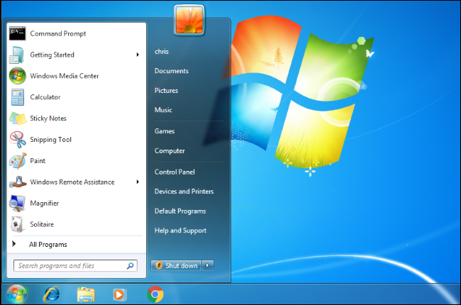 The Start menu open on a Windows 7 desktop.