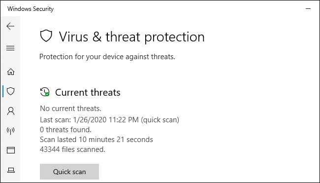 The Windows Security virus &amp; threat protection screen on Windows 10