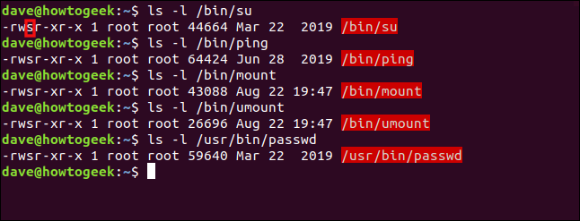 List of Linux commands that have their SUID bit set, in a terminal window