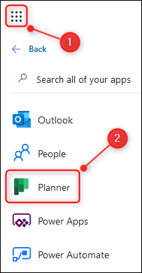 The O365 app launcher with the Planner app highlighted.