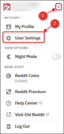 Reddit's user menu with the &quot;User Settings&quot; option highlighted.