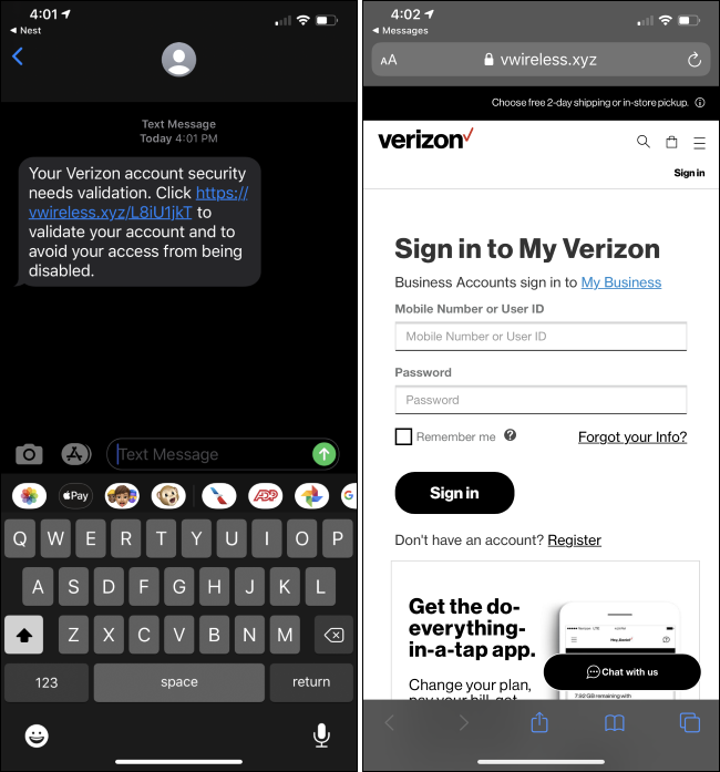 A Verizon SMS phishing scam on an iPhone.