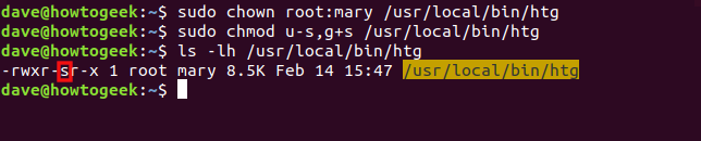 sudo chown root:mary /usr/local/bin/htg in a terminal window