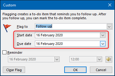 The &quot;Custom&quot; panel with the &quot;Start date&quot; and &quot;Due date&quot; options highlighted.