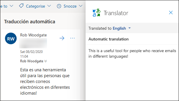 The translation shown side by side with the original mail.