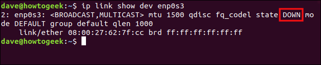 ip link show enp0s3 in a terminal window