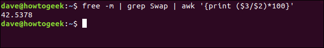 free -m | grep Swap | awk '{print ($3/$2)*100}' in a terminal window