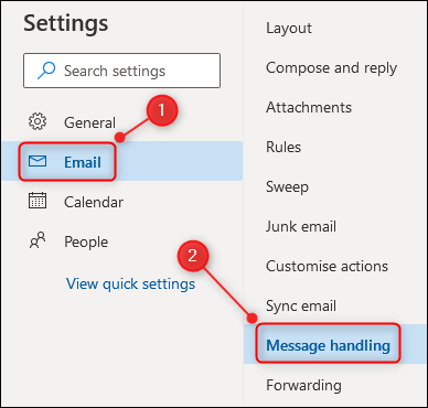 Outlook's settings, with the &quot;Message handling&quot; option highlighted.