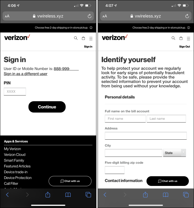 A phishing website impersonating Verizon.