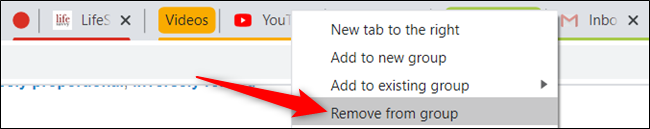 Right-click on a tab and choose &quot;Remove from group&quot; to remove a tab from the current grouping.