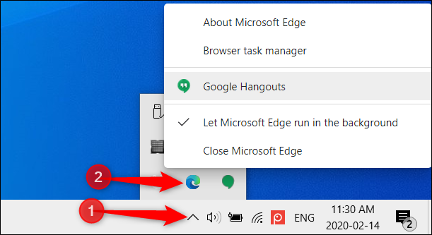 To see which apps are still running in the background on Windows, click the Edge icon in the system tray.