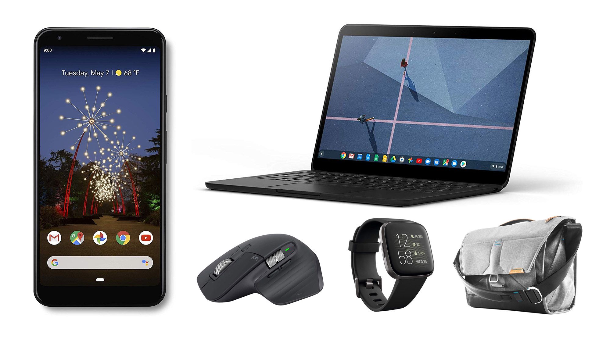 Pixel 3a XL, Chromebook Go, Mx Master 3, Fitbit Versa 2, Peak Design messenger bag