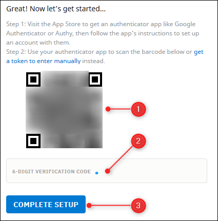 The QR code to scan, with the 2FA code field, and &quot;Complete Setup&quot; button.