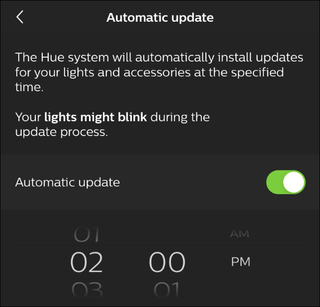 Automatic update options in the Hue app