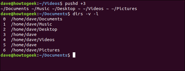 pushd +3 in a terminal window