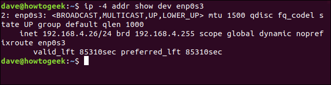 ip -4 addr show dev enp0s3 in a terminal window