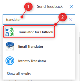 The &quot;Add-ins and Connectors&quot; search box showng the &quot;Translator for Outlook&quot; add-in.