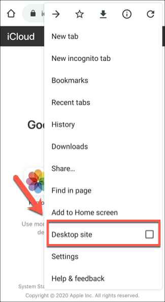 Click the Desktop site option to disable mobile website viewing on Chrome for Android